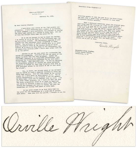 Orville Wright Letter Signed Regarding ''...placing the Kitty Hawk machine in a museum...I would much rather have had it in...[The Smithsonian]...and Dayton as suitable a place as Kitty Hawk...''